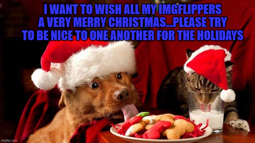 Have a Very Merry Christmas everyone...Eat well and I hope you get lots of presents!!! |  I WANT TO WISH ALL MY IMGFLIPPERS A VERY MERRY CHRISTMAS...PLEASE TRY TO BE NICE TO ONE ANOTHER FOR THE HOLIDAYS | image tagged in merry christmas,memes,happy holidays,christmas,good cheer,peace | made w/ Imgflip meme maker