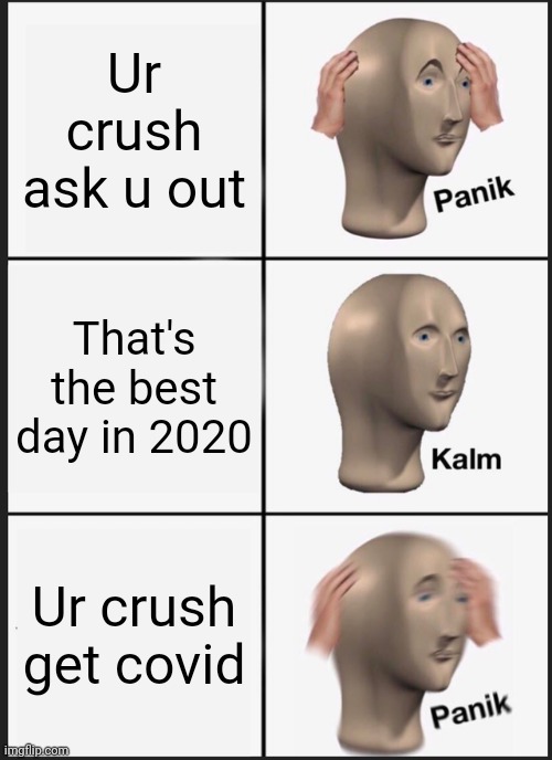 Best day in 2020 | Ur crush ask u out; That's the best day in 2020; Ur crush get covid | image tagged in memes,panik kalm panik,crush,covid | made w/ Imgflip meme maker