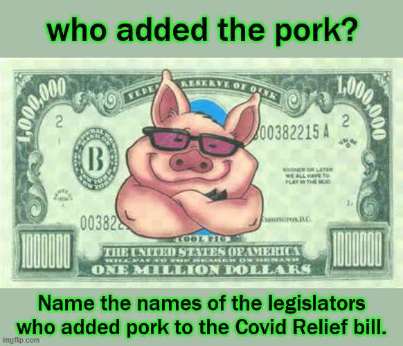 who added the pork? | who added the pork? Name the names of the legislators who added pork to the Covid Relief bill. | image tagged in politics | made w/ Imgflip meme maker