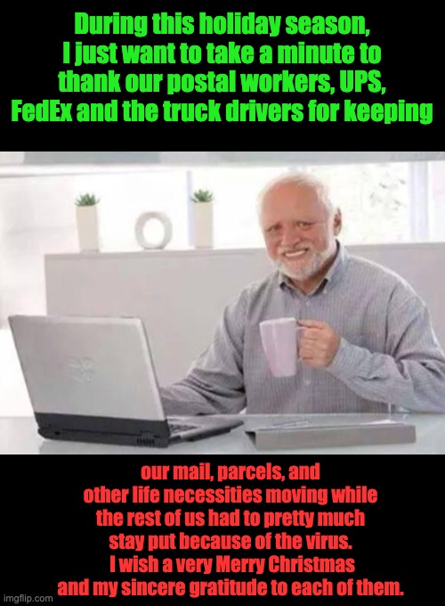 Thank you! | During this holiday season, I just want to take a minute to thank our postal workers, UPS, FedEx and the truck drivers for keeping; our mail, parcels, and other life necessities moving while the rest of us had to pretty much stay put because of the virus.  I wish a very Merry Christmas and my sincere gratitude to each of them. | image tagged in harold | made w/ Imgflip meme maker