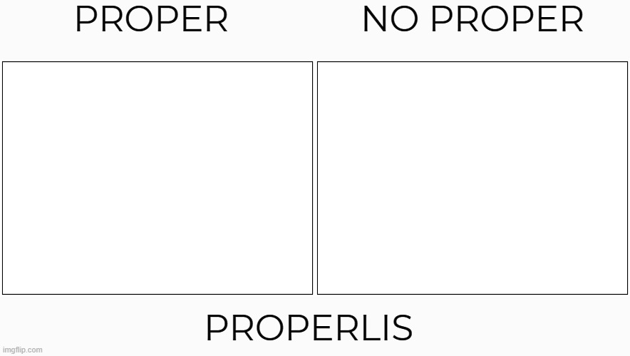 proper no proper | PROPER; NO PROPER; PROPERLIS | image tagged in memes,blank comic panel 2x1,proper | made w/ Imgflip meme maker