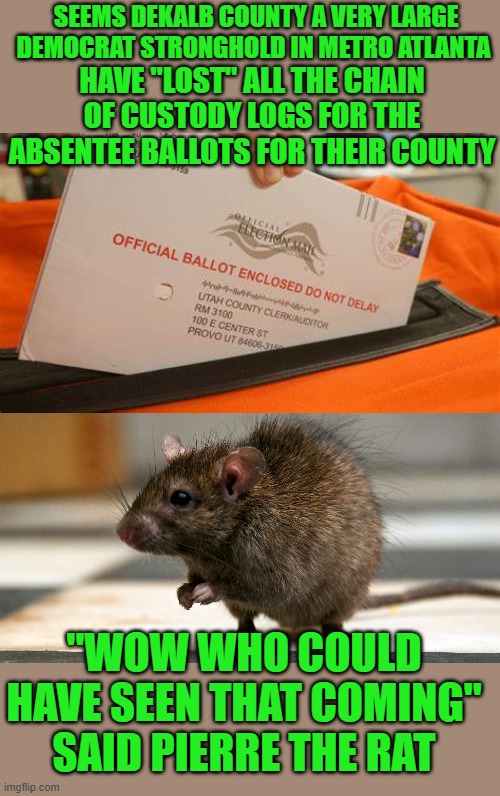yep | SEEMS DEKALB COUNTY A VERY LARGE DEMOCRAT STRONGHOLD IN METRO ATLANTA; HAVE "LOST" ALL THE CHAIN OF CUSTODY LOGS FOR THE ABSENTEE BALLOTS FOR THEIR COUNTY; "WOW WHO COULD HAVE SEEN THAT COMING" SAID PIERRE THE RAT | image tagged in democrats,communism,election fraud | made w/ Imgflip meme maker
