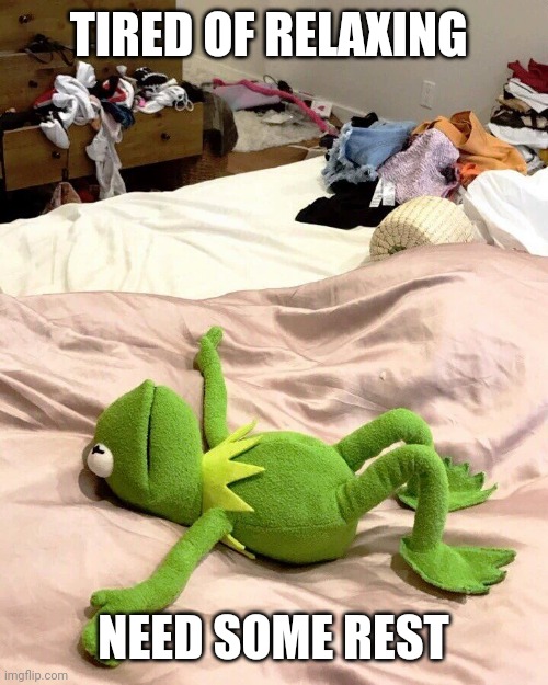 That's me. | TIRED OF RELAXING; NEED SOME REST | image tagged in kermit exhausted | made w/ Imgflip meme maker