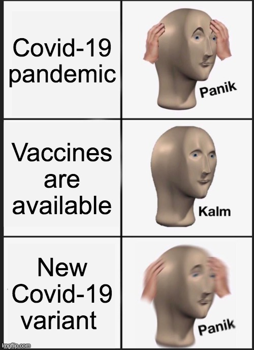 I am alive in 2020 | Covid-19 pandemic; Vaccines are available; New Covid-19 variant | image tagged in memes,panik kalm panik | made w/ Imgflip meme maker