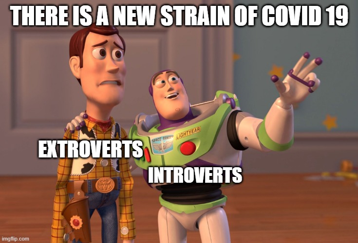 free epic chili | THERE IS A NEW STRAIN OF COVID 19; EXTROVERTS; INTROVERTS | image tagged in memes,x x everywhere | made w/ Imgflip meme maker