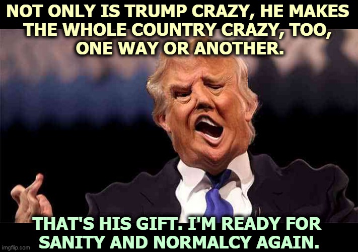 Enough crazy. | NOT ONLY IS TRUMP CRAZY, HE MAKES 
THE WHOLE COUNTRY CRAZY, TOO, 
ONE WAY OR ANOTHER. THAT'S HIS GIFT. I'M READY FOR 
SANITY AND NORMALCY AGAIN. | image tagged in trump on acid making the whole world crazy,trump,crazy,nuts,enough | made w/ Imgflip meme maker