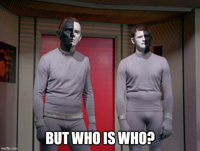 star trek black and white aliens | BUT WHO IS WHO? | image tagged in star treck black and white aliens | made w/ Imgflip meme maker