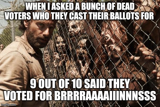 Vote for brains, they are probably very tasty. | WHEN I ASKED A BUNCH OF DEAD VOTERS WHO THEY CAST THEIR BALLOTS FOR; 9 OUT OF 10 SAID THEY VOTED FOR BRRRRAAAAIIINNNSSS | image tagged in zombies | made w/ Imgflip meme maker