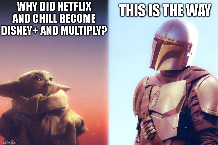 Grogu questions Mando | WHY DID NETFLIX AND CHILL BECOME DISNEY+ AND MULTIPLY? THIS IS THE WAY | image tagged in mandolorian,disney,star wars,netlfix,baby yoda,grogu | made w/ Imgflip meme maker