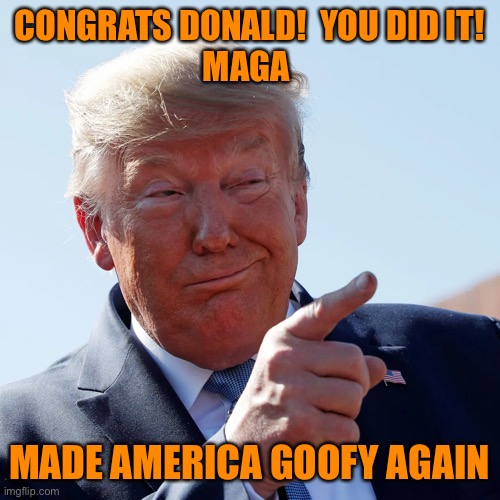 He’s the most stable genius he knows | CONGRATS DONALD!  YOU DID IT!
MAGA; MADE AMERICA GOOFY AGAIN | image tagged in donald trump,maga,crazy,goofy,looser,good bye | made w/ Imgflip meme maker