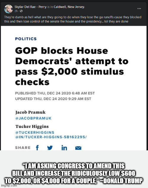 “I AM ASKING CONGRESS TO AMEND THIS BILL AND INCREASE THE RIDICULOUSLY LOW $600 TO $2,000, OR $4,000 FOR A COUPLE,” ~DONALD TRUMP | image tagged in stimulus | made w/ Imgflip meme maker