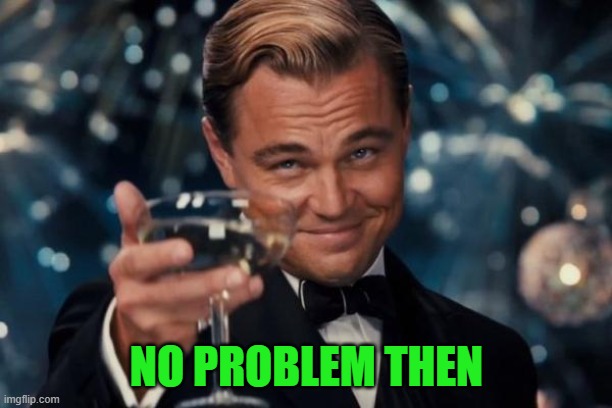 Leonardo Dicaprio Cheers Meme | NO PROBLEM THEN | image tagged in memes,leonardo dicaprio cheers | made w/ Imgflip meme maker