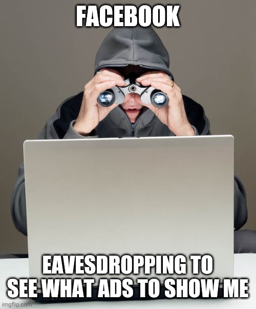 Oh but they wouldn't do that, now would they. | FACEBOOK; EAVESDROPPING TO SEE WHAT ADS TO SHOW ME | image tagged in computer stalker,facebook,ads | made w/ Imgflip meme maker