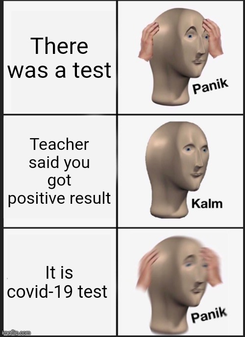 2020 | There was a test; Teacher said you got positive result; It is covid-19 test | image tagged in memes,panik kalm panik | made w/ Imgflip meme maker