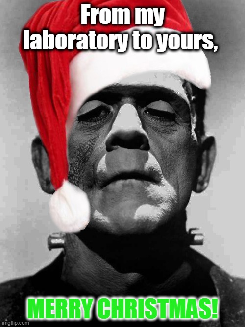Frankenmas | From my laboratory to yours, MERRY CHRISTMAS! | image tagged in christmas,monster,frankenstein | made w/ Imgflip meme maker