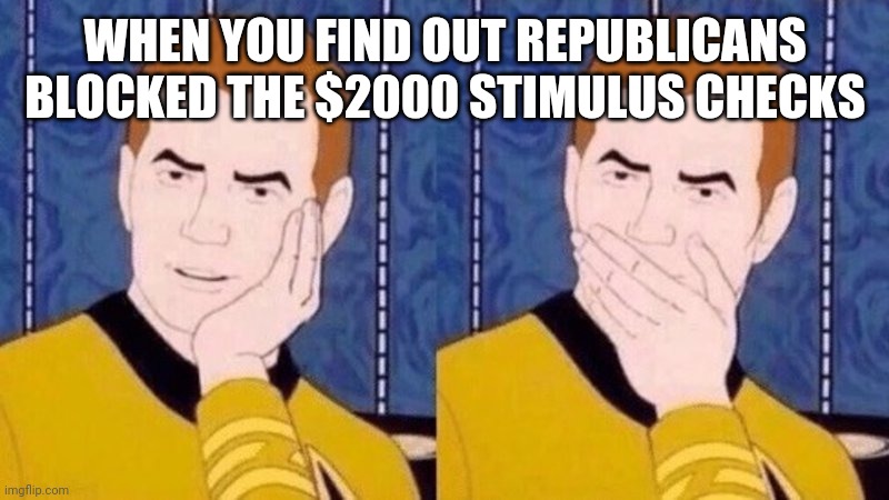Stimulus | WHEN YOU FIND OUT REPUBLICANS BLOCKED THE $2000 STIMULUS CHECKS | image tagged in not surprised kirk | made w/ Imgflip meme maker