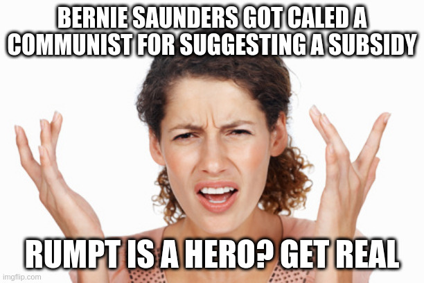 Indignant | BERNIE SAUNDERS GOT CALED A COMMUNIST FOR SUGGESTING A SUBSIDY RUMPT IS A HERO? GET REAL | image tagged in indignant | made w/ Imgflip meme maker