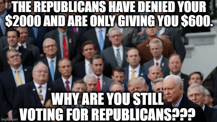Seriously, why? | THE REPUBLICANS HAVE DENIED YOUR $2000 AND ARE ONLY GIVING YOU $600. WHY ARE YOU STILL VOTING FOR REPUBLICANS??? | image tagged in republicans,covid-19,pandemic,ignorant,assholes,stimulus | made w/ Imgflip meme maker