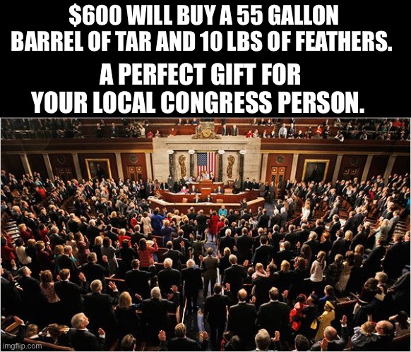 Congress | $600 WILL BUY A 55 GALLON BARREL OF TAR AND 10 LBS OF FEATHERS. A PERFECT GIFT FOR YOUR LOCAL CONGRESS PERSON. | image tagged in congress | made w/ Imgflip meme maker