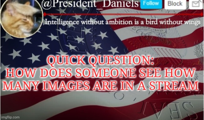 I'm pretty sure I saw someone do it before | QUICK QUESTION:
HOW DOES SOMEONE SEE HOW MANY IMAGES ARE IN A STREAM | image tagged in help,idk,why are you reading this,stop reading the tags | made w/ Imgflip meme maker