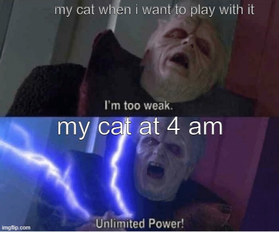 Too weak Unlimited Power | my cat when i want to play with it; my cat at 4 am | image tagged in too weak unlimited power | made w/ Imgflip meme maker