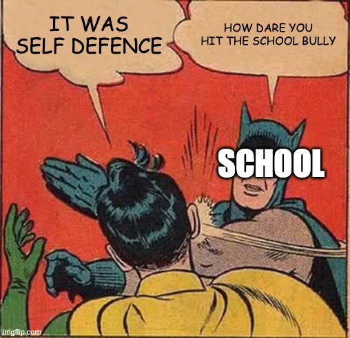 Batman Slapping Robin | IT WAS SELF DEFENCE; HOW DARE YOU HIT THE SCHOOL BULLY; SCHOOL | image tagged in memes,batman slapping robin | made w/ Imgflip meme maker