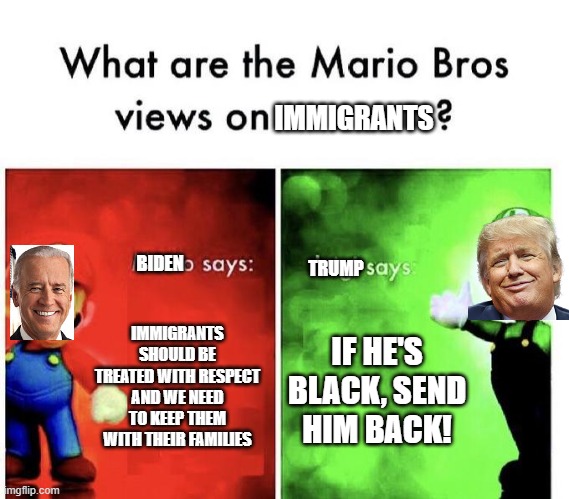 Mario Bros Views | IMMIGRANTS SHOULD BE TREATED WITH RESPECT AND WE NEED TO KEEP THEM WITH THEIR FAMILIES IF HE'S BLACK, SEND HIM BACK! IMMIGRANTS TRUMP BIDEN | image tagged in mario bros views | made w/ Imgflip meme maker