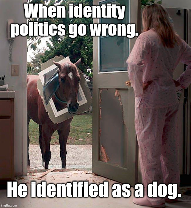 When identity politics go wrong. He identified as a dog. | image tagged in identity politics | made w/ Imgflip meme maker