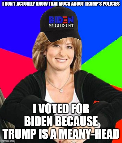 Liberal Suburban Mom | I DON'T ACTUALLY KNOW THAT MUCH ABOUT TRUMP'S POLICIES; I VOTED FOR BIDEN BECAUSE TRUMP IS A MEANY-HEAD | image tagged in trump,biden,election 2020,liberal,mom,memes | made w/ Imgflip meme maker