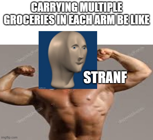 Man Eh Kin Meme | CARRYING MULTIPLE GROCERIES IN EACH ARM BE LIKE; STRANF | image tagged in memes | made w/ Imgflip meme maker