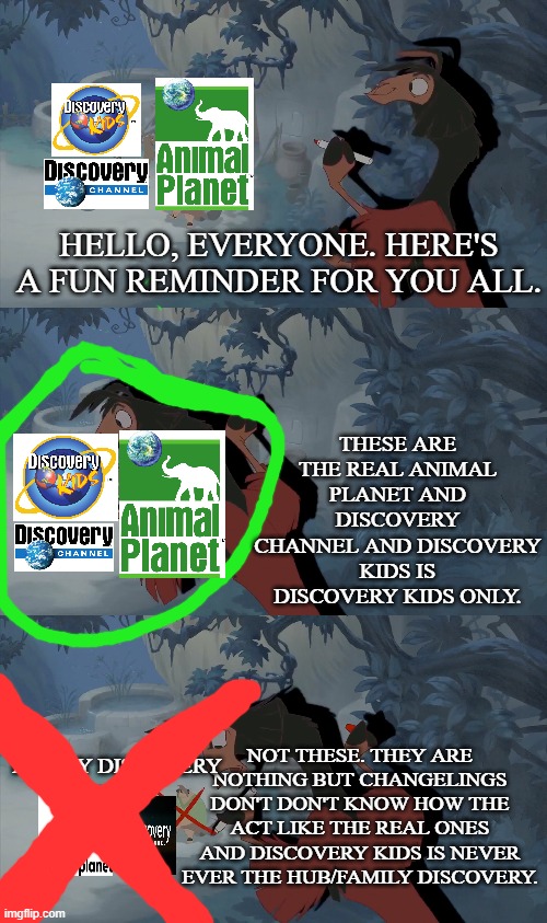 A fun reminder for everyone | THESE ARE THE REAL ANIMAL PLANET AND DISCOVERY CHANNEL AND DISCOVERY KIDS IS DISCOVERY KIDS ONLY. HELLO, EVERYONE. HERE'S A FUN REMINDER FOR YOU ALL. NOT THESE. THEY ARE NOTHING BUT CHANGELINGS DON'T DON'T KNOW HOW THE ACT LIKE THE REAL ONES AND DISCOVERY KIDS IS NEVER EVER THE HUB/FAMILY DISCOVERY. FAMILY DISCOVERY | image tagged in discovery kids,discovery channel,animal planet | made w/ Imgflip meme maker