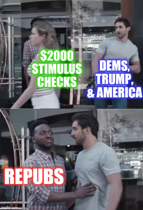 Bro, Not Cool. | $2000 STIMULUS CHECKS DEMS,
TRUMP,
& AMERICA REPUBS | image tagged in bro not cool | made w/ Imgflip meme maker