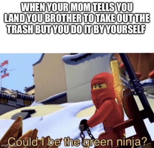Could I be the green ninja?? |  WHEN YOUR MOM TELLS YOU LAND YOU BROTHER TO TAKE OUT THE TRASH BUT YOU DO IT BY YOURSELF | image tagged in could i be the green ninja | made w/ Imgflip meme maker