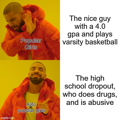 Popular girls be like | The nice guy with a 4.0 gpa and plays varsity basketball; Popular Girls; The high school dropout, who does drugs, and is abusive; Also popular girls | image tagged in memes,drake hotline bling | made w/ Imgflip meme maker