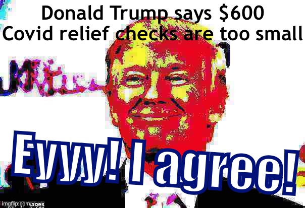 Let it not be said I never agreed with Trump | Donald Trump says $600 Covid relief checks are too small; Eyyy! I agree! | image tagged in donald trump approves deep-fried 2,covid-19,coronavirus,donald trump approves,donald trump,trump | made w/ Imgflip meme maker