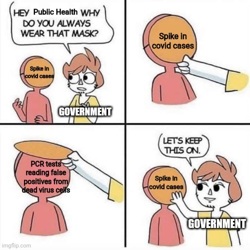 The truth of over inflated covid cases | Public Health; Spike in covid cases; Spike in covid cases; GOVERNMENT; PCR tests reading false positives from dead virus cells; Spike in covid cases; GOVERNMENT | image tagged in let's keep the mask on,covid-19,government,lies,tyranny,hysteria | made w/ Imgflip meme maker