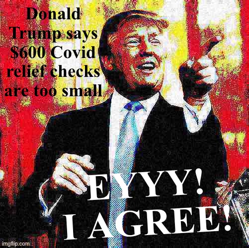 It’s what the Dems have been saying all along. Lol. | Donald Trump says $600 Covid relief checks are too small; EYYY! I AGREE! | image tagged in donald trump birthday deep-fried 2,maga,covid-19,coronavirus,donal trump birthday,covid19 | made w/ Imgflip meme maker