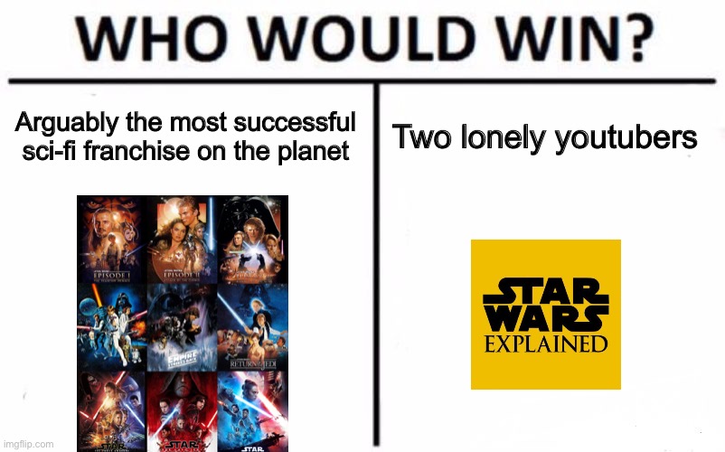 Who Would Win? | Arguably the most successful sci-fi franchise on the planet; Two lonely youtubers | image tagged in memes,who would win | made w/ Imgflip meme maker