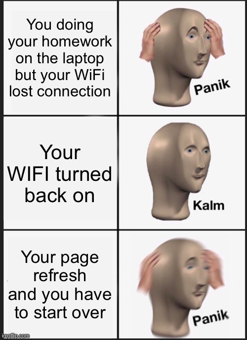 Online School | You doing your homework on the laptop but your WiFi lost connection; Your WIFI turned back on; Your page refresh and you have to start over | image tagged in memes,panik kalm panik | made w/ Imgflip meme maker