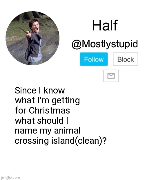 Mostlystupid template | Since I know what I'm getting for Christmas what should I name my animal crossing island(clean)? | image tagged in mostlystupid template | made w/ Imgflip meme maker
