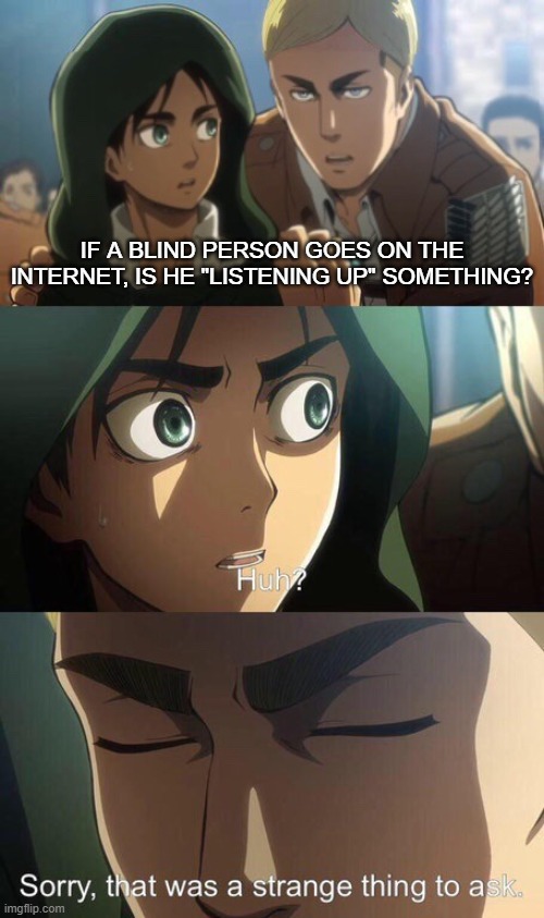 If a blind person "looks something up". . . | IF A BLIND PERSON GOES ON THE INTERNET, IS HE "LISTENING UP" SOMETHING? | image tagged in strange question attack on titan | made w/ Imgflip meme maker