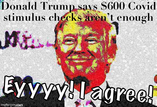 Woulda been nice if he’d said this earlier, but glad to hear he’s come around to what the Democratic position has been all along | Donald Trump says $600 Covid stimulus checks aren’t enough; Eyyyy! I agree! | image tagged in donald trump approves deep-fried 3,covid19,covid-19,donald trump approves,maga,agree | made w/ Imgflip meme maker