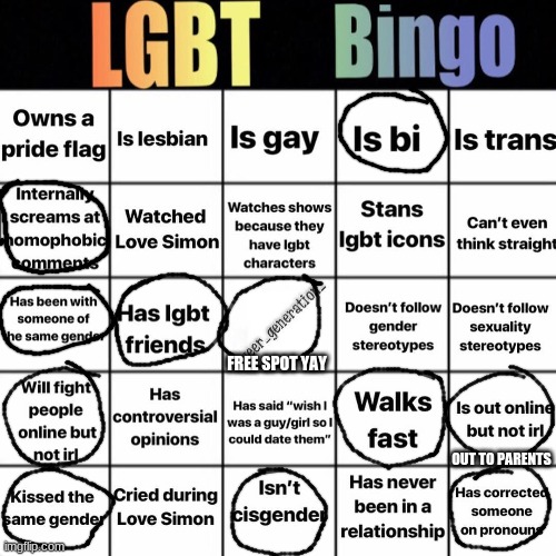 totally original bingo that I totally made myself with tons of hard work | FREE SPOT YAY; OUT TO PARENTS | image tagged in lgbtq bingo | made w/ Imgflip meme maker