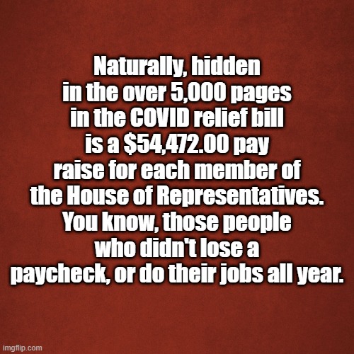 pay raise | Naturally, hidden in the over 5,000 pages in the COVID relief bill is a $54,472.00 pay raise for each member of the House of Representatives. You know, those people who didn't lose a paycheck, or do their jobs all year. | image tagged in blank red background | made w/ Imgflip meme maker