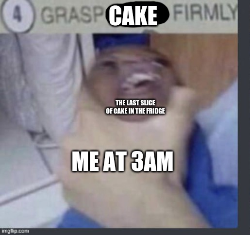 The picture tho | CAKE; THE LAST SLICE OF CAKE IN THE FRIDGE; ME AT 3AM | image tagged in firmly grasp it | made w/ Imgflip meme maker