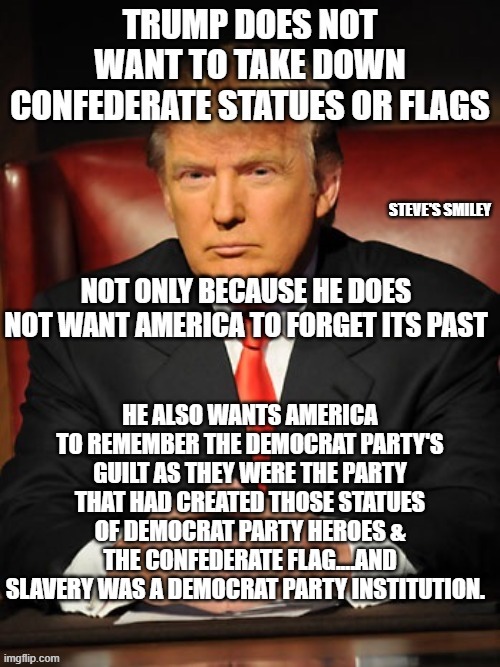 politics | STEVE'S SMILEY; HE ALSO WANTS AMERICA TO REMEMBER THE DEMOCRAT PARTY'S GUILT AS THEY WERE THE PARTY THAT HAD CREATED THOSE STATUES OF DEMOCRAT PARTY HEROES & THE CONFEDERATE FLAG....AND SLAVERY WAS A DEMOCRAT PARTY INSTITUTION. | image tagged in political meme | made w/ Imgflip meme maker