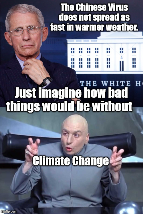 Something to think about | The Chinese Virus does not spread as fast in warmer weather. Just imagine how bad things would be without; Climate Change | image tagged in fouci,dr evil air quotes,corona virus,climate change | made w/ Imgflip meme maker