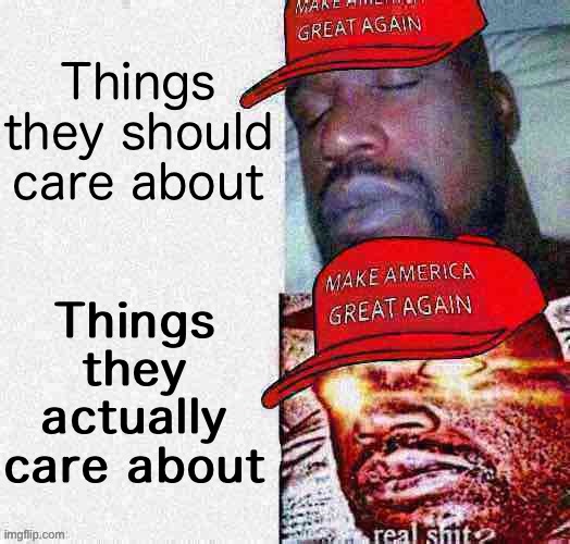 MAGA Shaq deep-fried 1 | Things they should care about; Things they actually care about | image tagged in maga shaq deep-fried 1,sleeping shaq,shaq,i sleep,i sleep real shit,deep fried | made w/ Imgflip meme maker