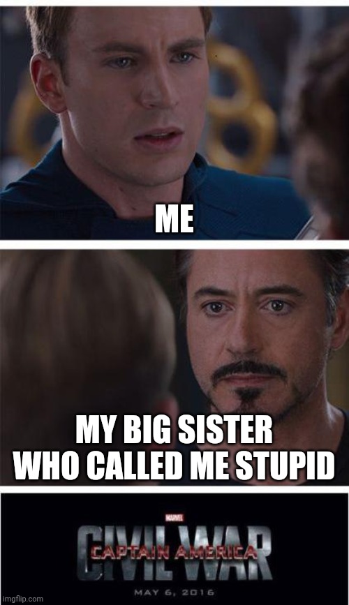 Marvel Civil War 1 Meme | ME; MY BIG SISTER WHO CALLED ME STUPID | image tagged in memes,marvel civil war 1 | made w/ Imgflip meme maker
