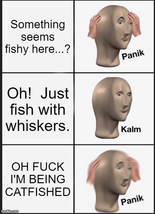 Catfishing | Something seems fishy here...? Oh!  Just fish with whiskers. OH FUCK I'M BEING CATFISHED | image tagged in memes,panik kalm panik,fishy,catfish,oh fuck,fishing | made w/ Imgflip meme maker